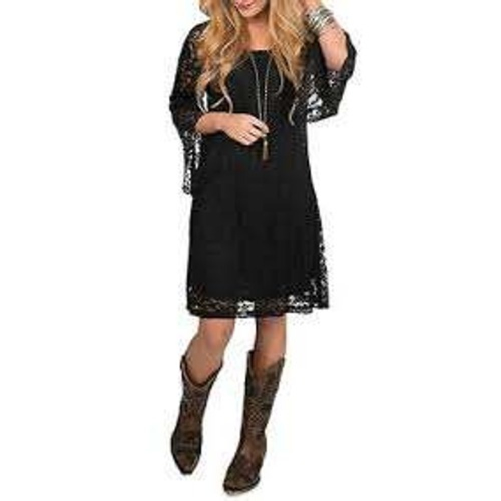 Free People Lace Mini Dress Womens XS Black Bell Sleeve Boho Witchy